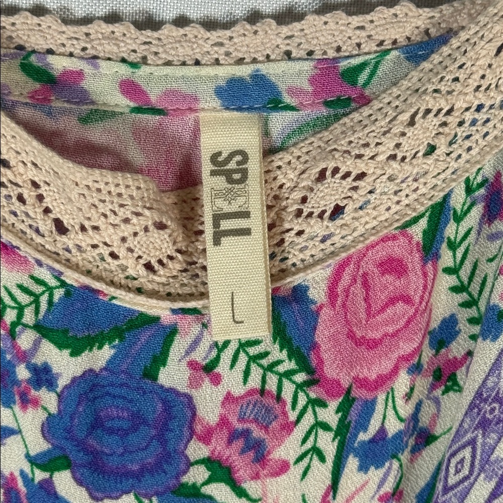 Spell Babushka Floral Lace-Trimmed Strappy Midi Dress in Lavender Size Large - Picture 9 of 12